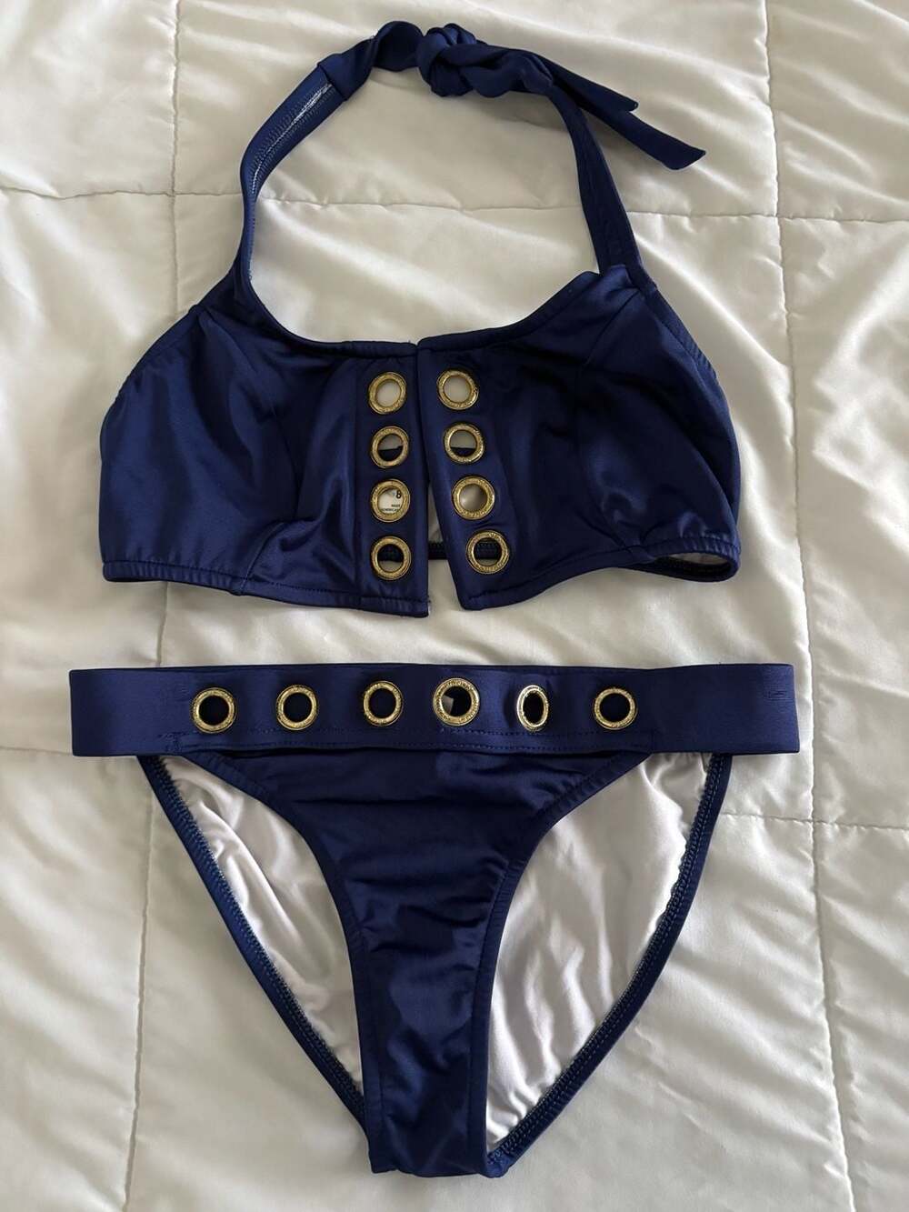 Venus Navy Blue Grommet Bikini Set, Gold Hardware, Swimsuit - Size 8